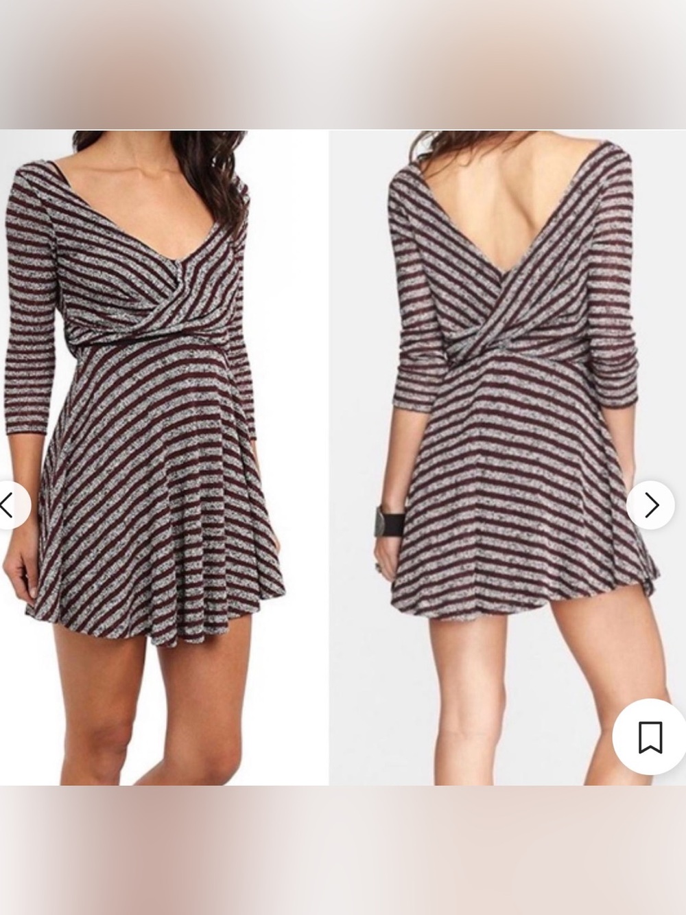 Free People Striped V-Neck Fit & Flare Mini Dress in Brown and Grey